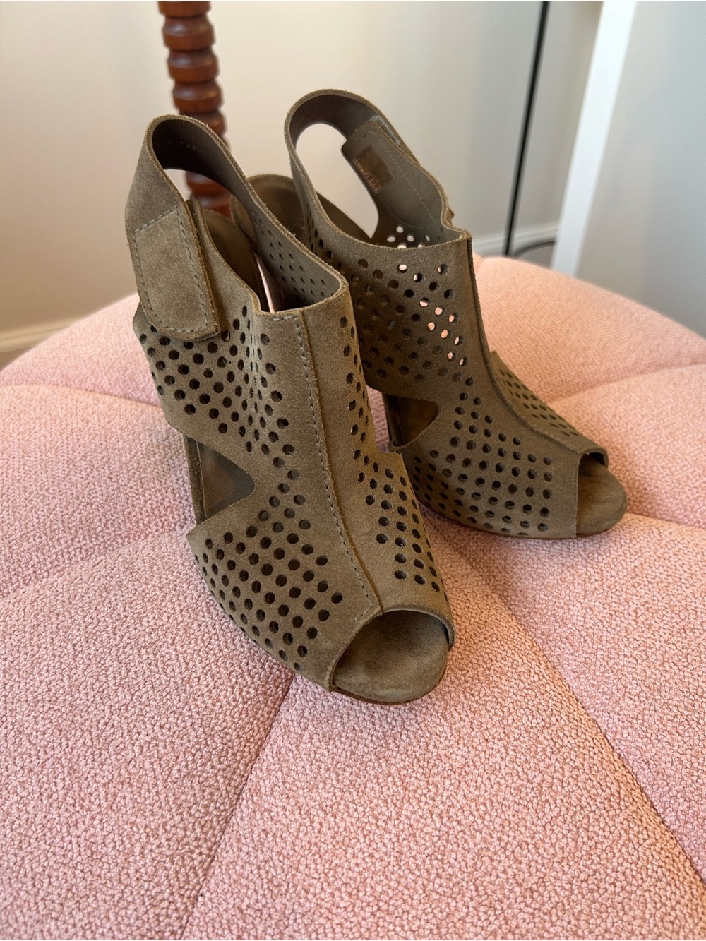 Pedro Garcia Taupe Perforated Suede Peep-Toe Slingback Heels EUC Size 38